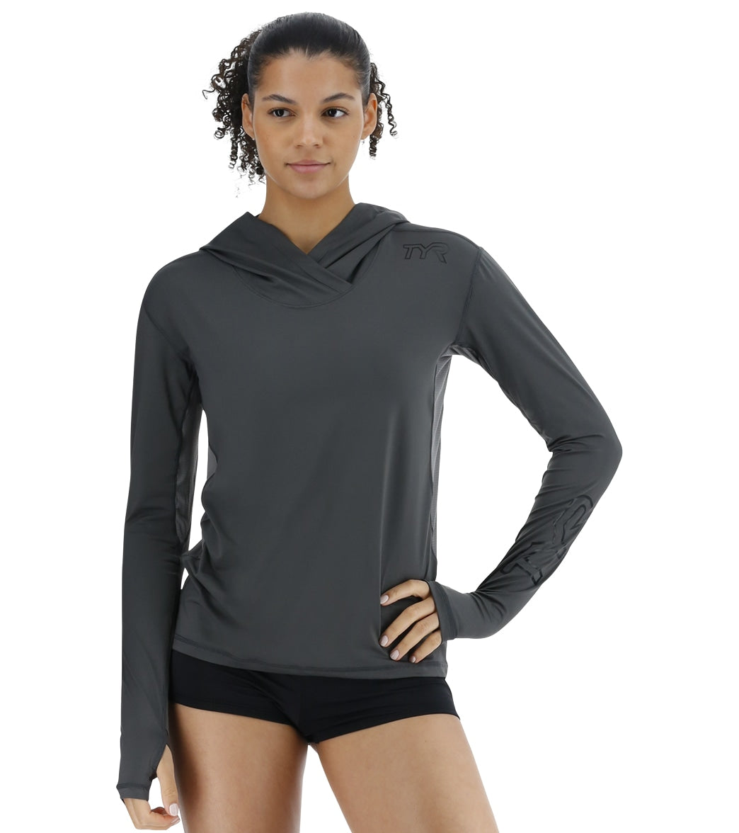 TYR Women's SunDefense Long Sleeve Hooded UPF 50+ Swim Shirt