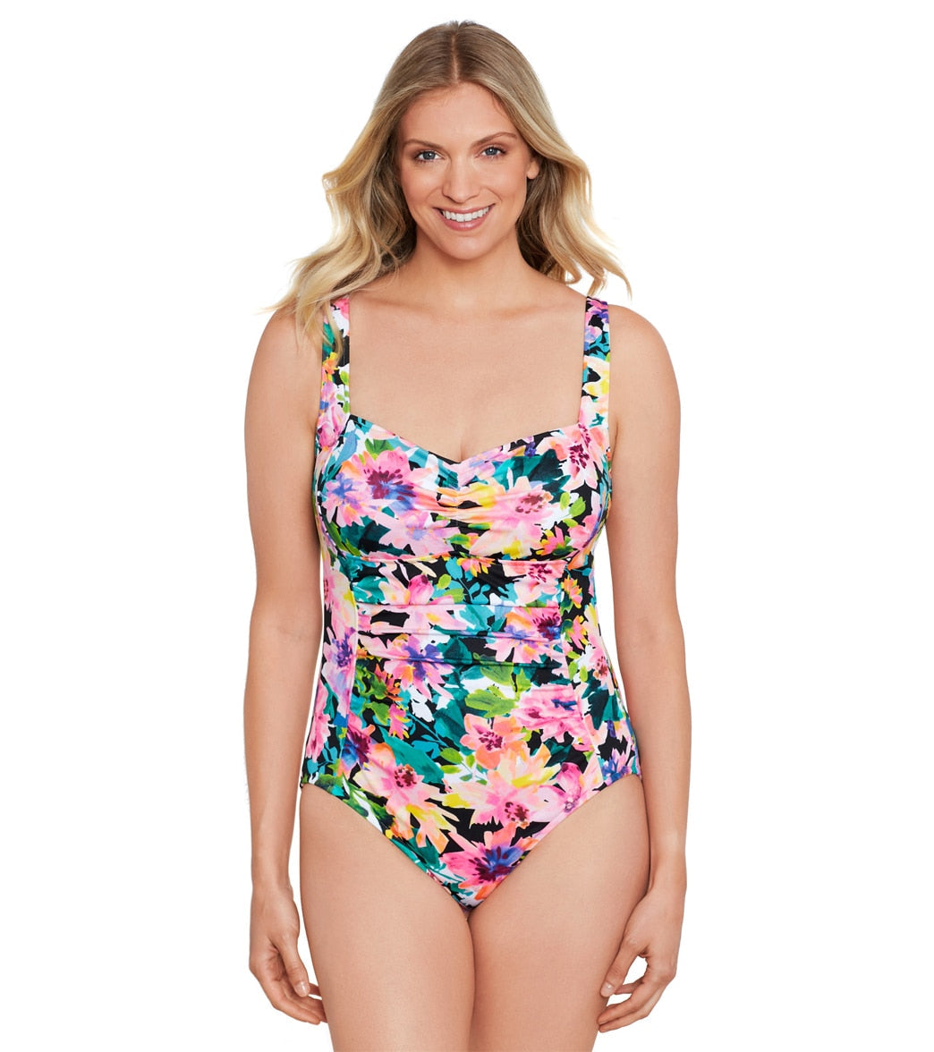 Shape Solver By Penbrooke Women's Glowing Pains Spa Chlorine Resistant Shirred Bodice One Piece Swimsuit