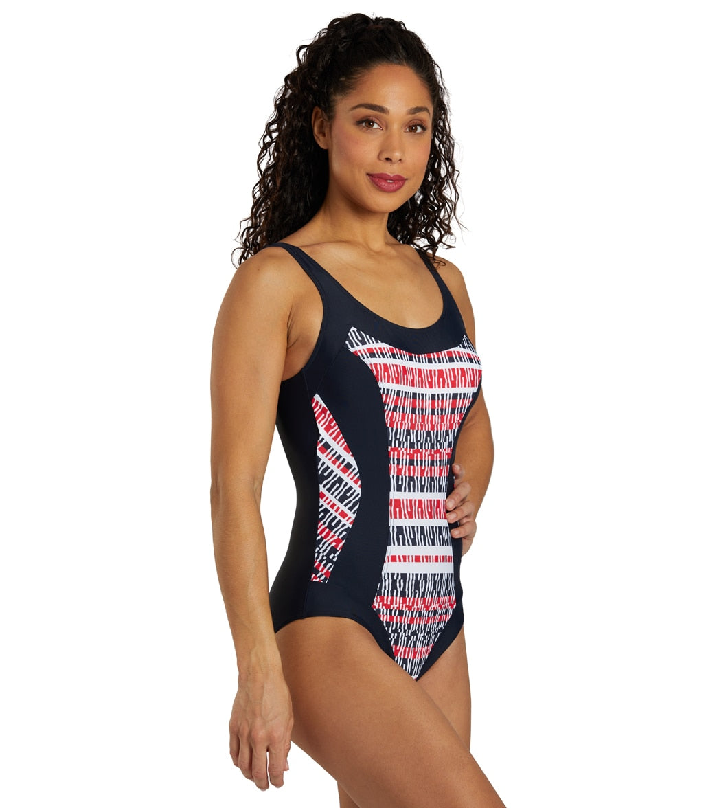 Sunmarin Women's Scoop Neck Geometric Stripe One Piece Swimsuit