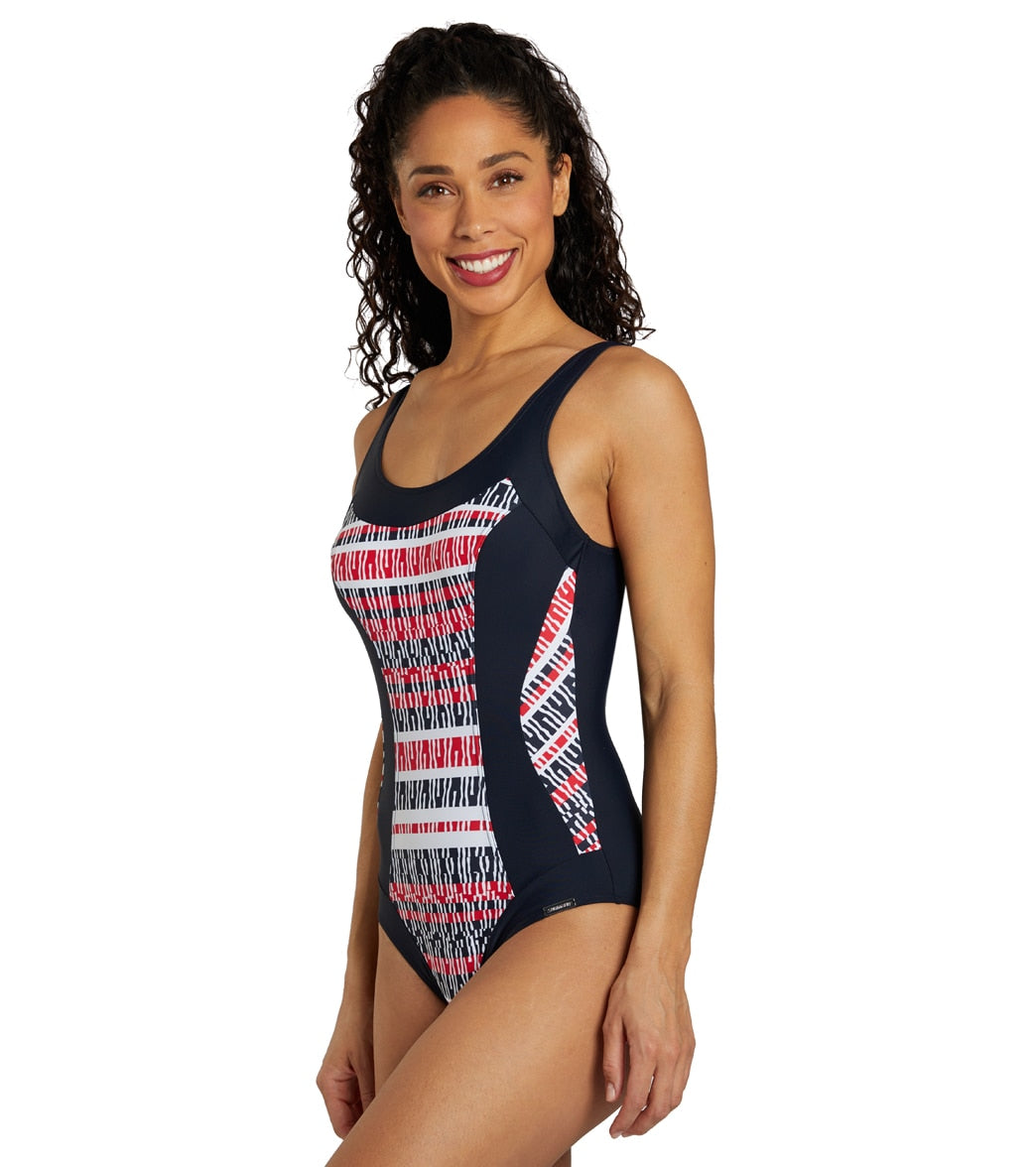 Sunmarin Women's Scoop Neck Geometric Stripe One Piece Swimsuit