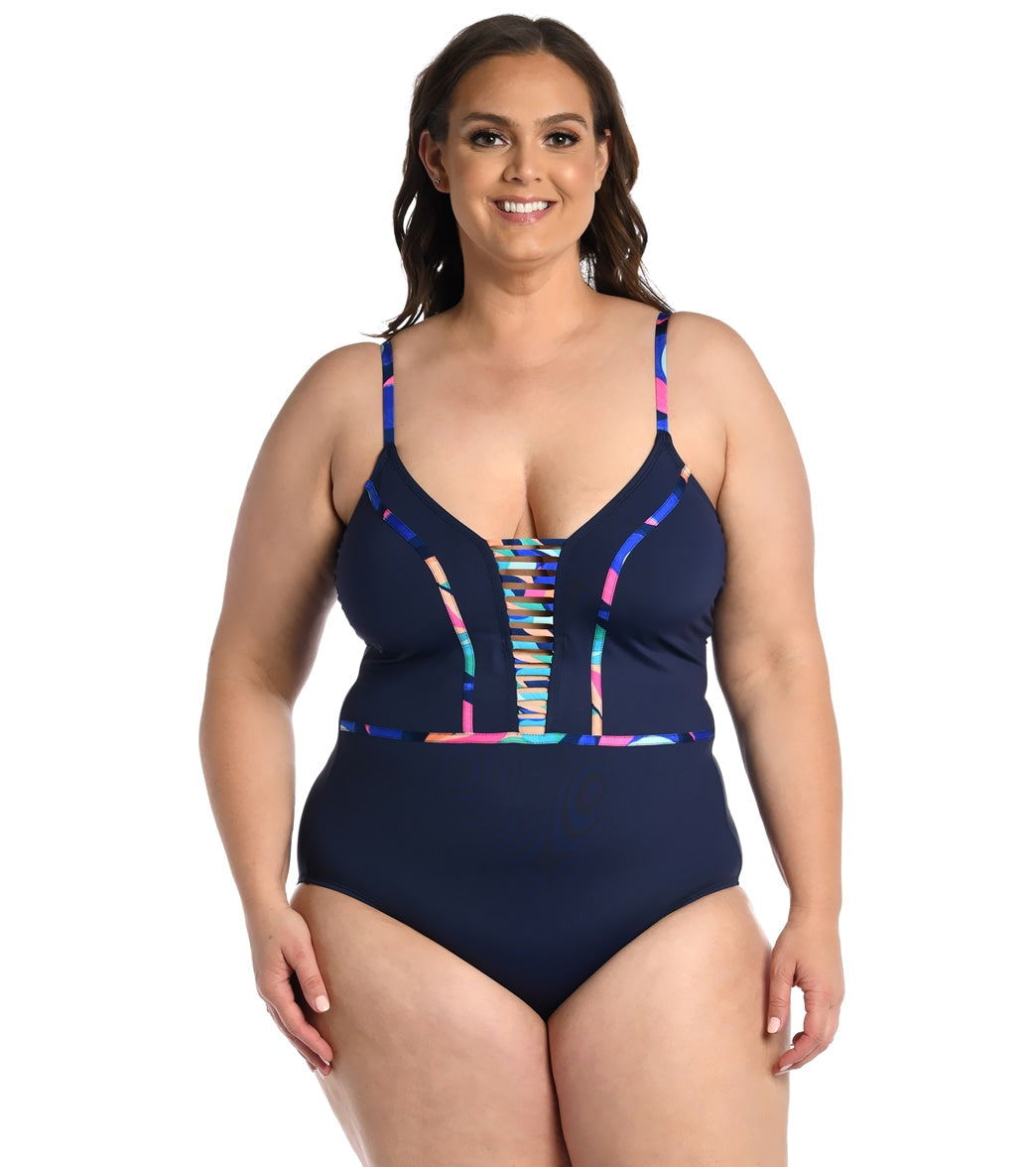 La Blanca Women's Plus Painted Leaves Plunge One Piece Swimsuit
