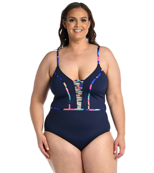 La Blanca Women's Plus Painted Leaves Plunge One Piece Swimsuit