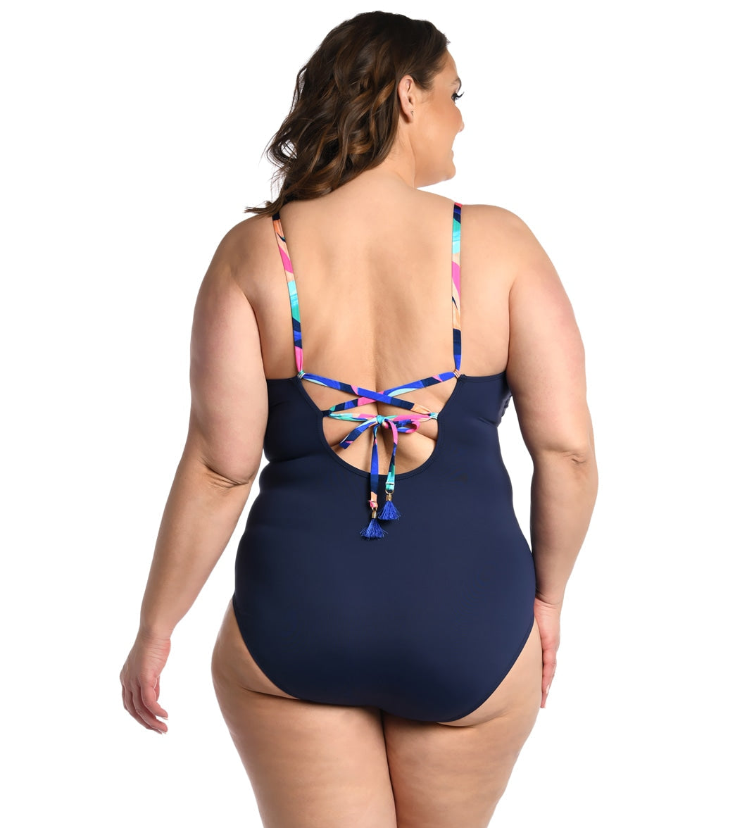 La Blanca Women's Plus Painted Leaves Plunge One Piece Swimsuit