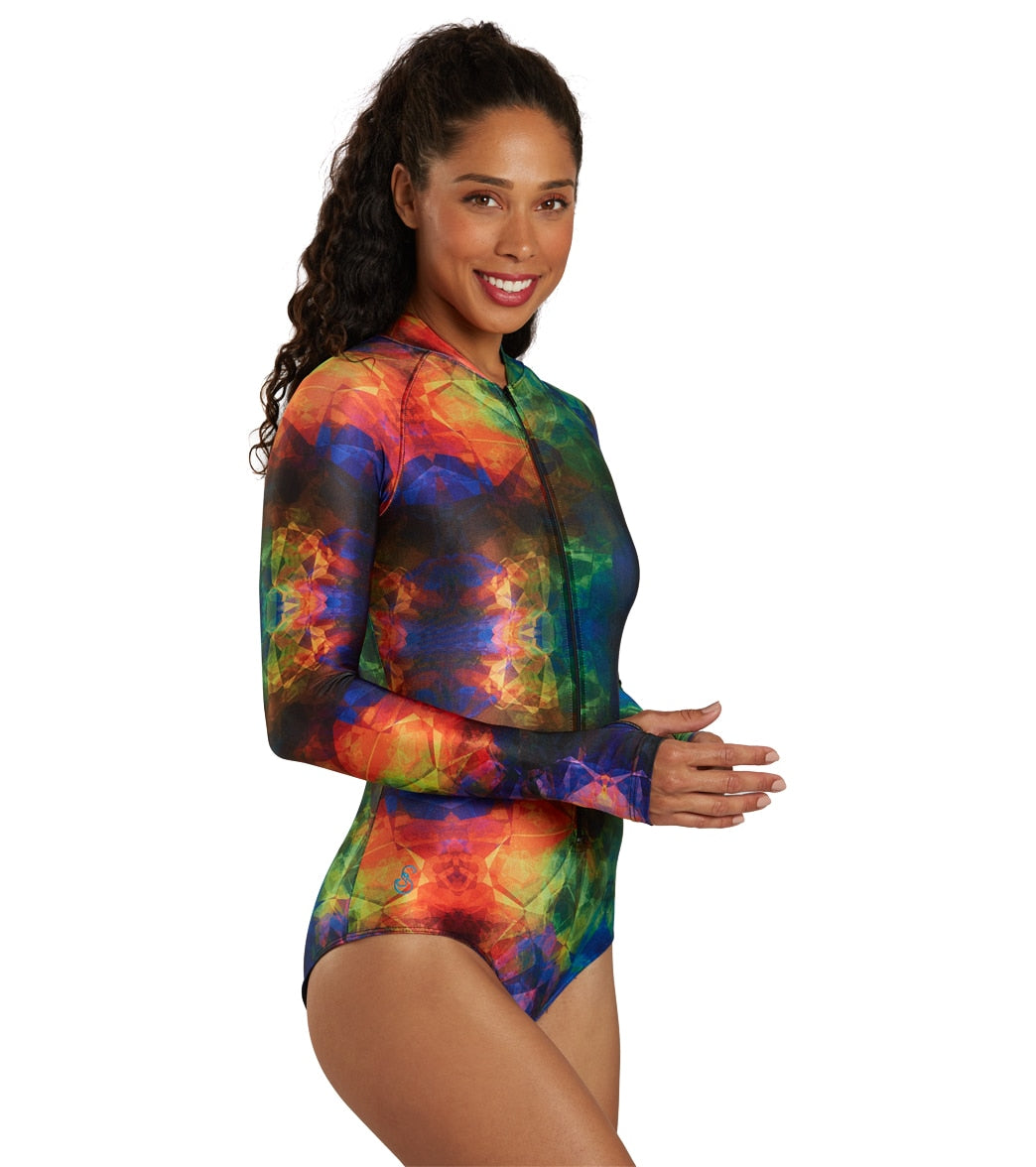 SlipIns Women's Crystaline Zippered Mini Long Sleeve One Piece Swimsuit