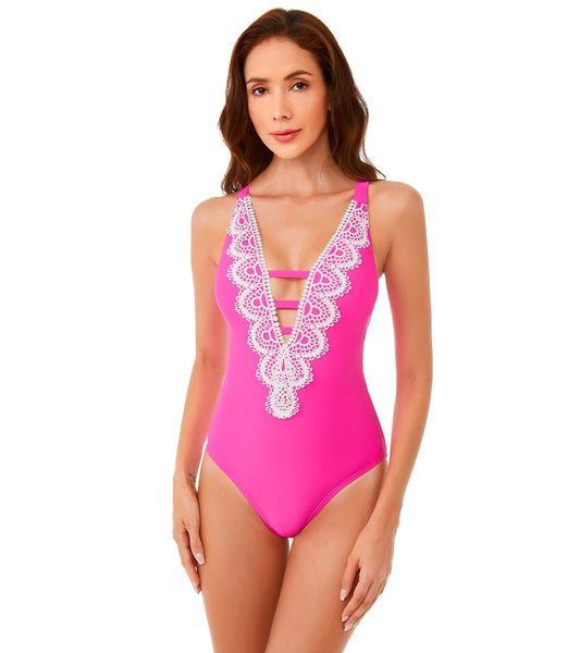 BCA by Rebecca Virtue Destination Crochet Plunge Neck One Piece Swimsuit