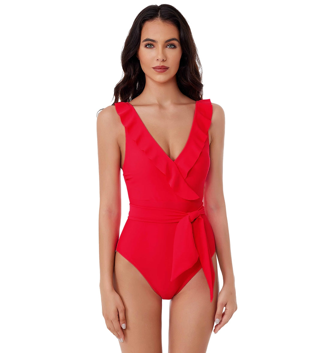 BCA by Rebecca Virtue Women's Ruffle Romance Neck One Piece Swimsuit