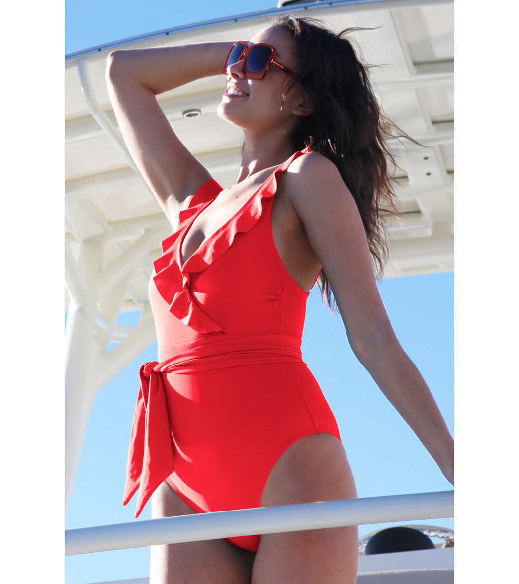 BCA by Rebecca Virtue Women's Ruffle Romance Neck One Piece Swimsuit