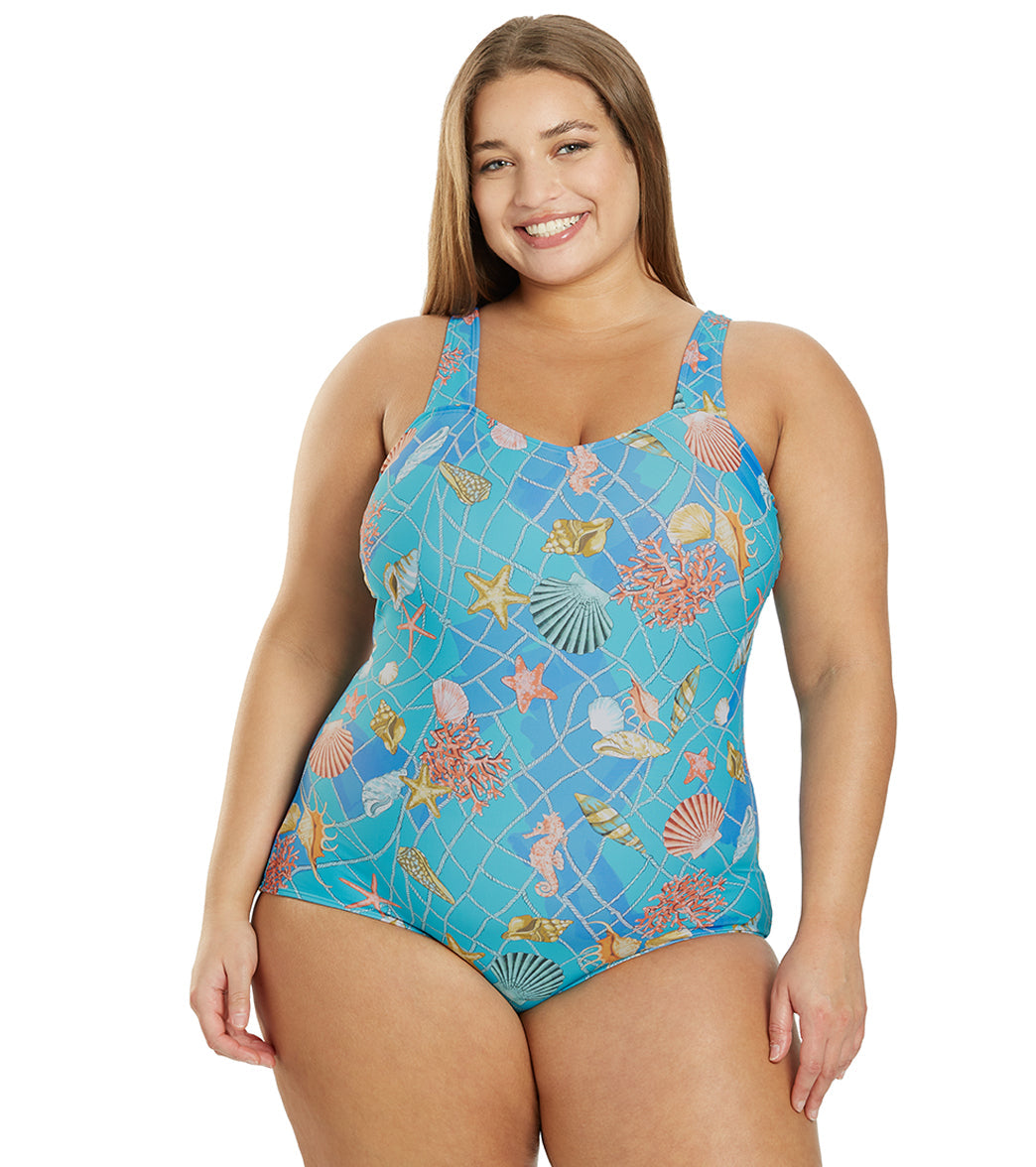 Sporti Plus Size Caribbean Sea Moderate Printed Sweetheart One Piece Swimsuit
