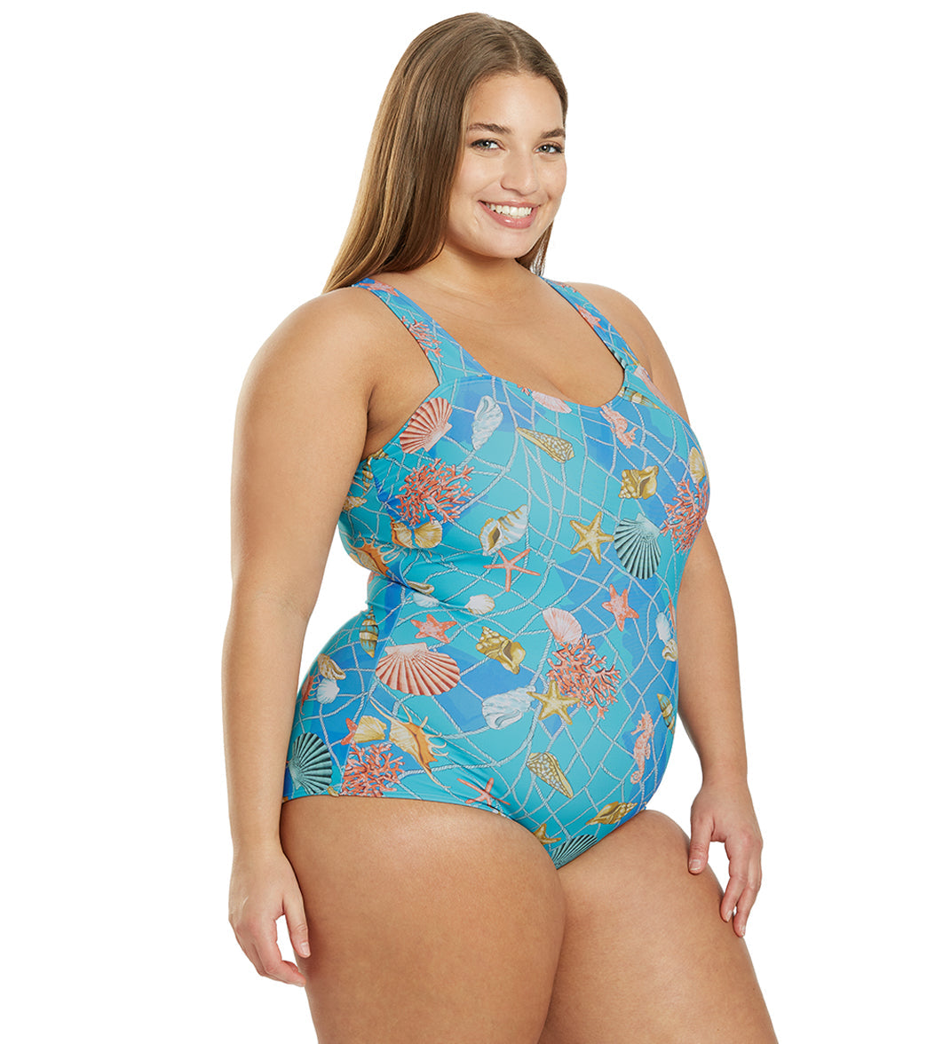 Sporti Plus Size Caribbean Sea Moderate Printed Sweetheart One Piece Swimsuit