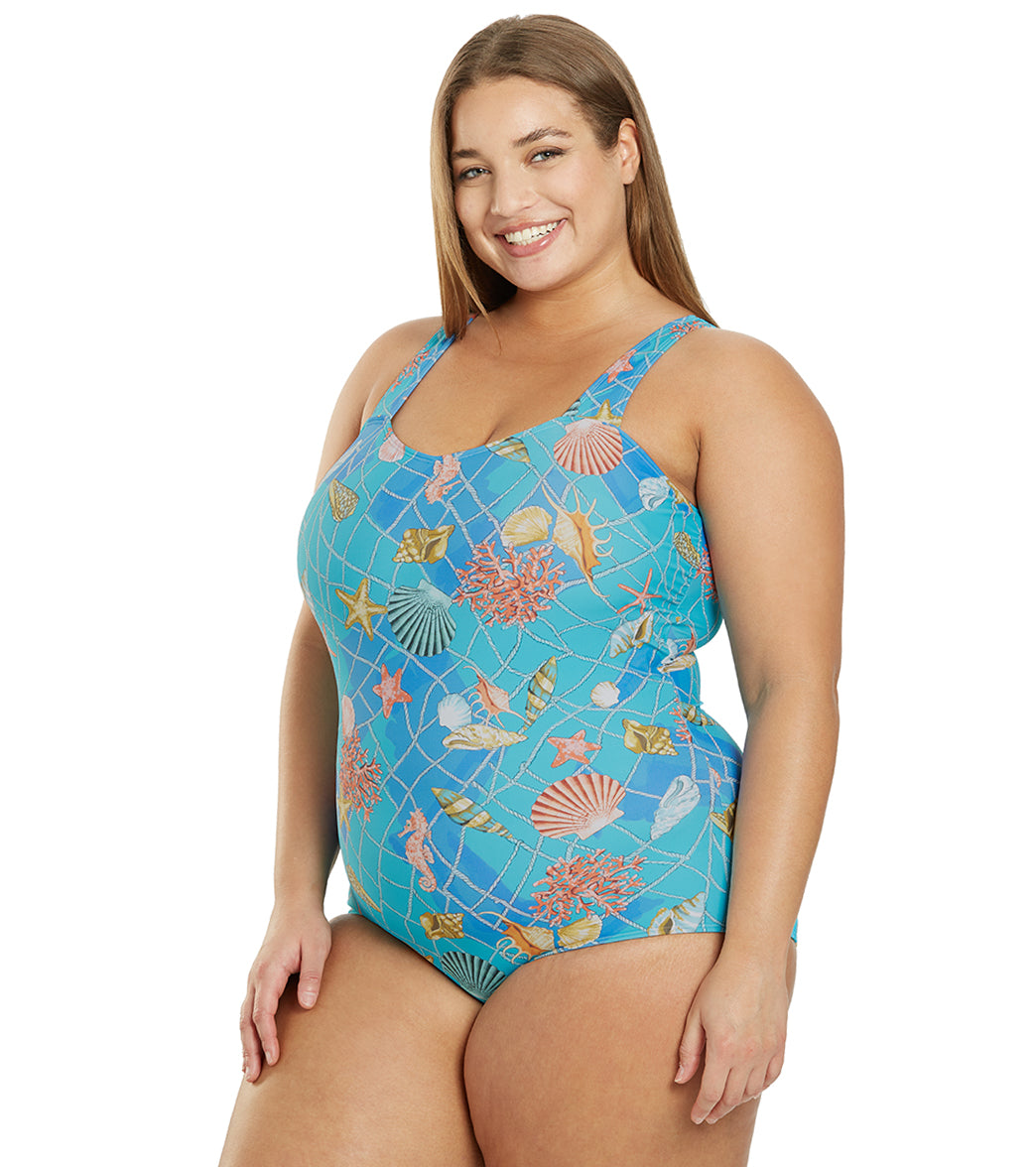 Sporti Plus Size Caribbean Sea Moderate Printed Sweetheart One Piece Swimsuit