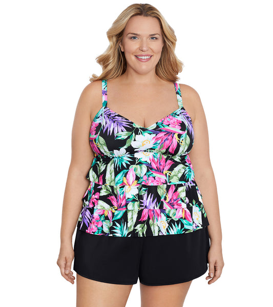 Shape Solver By Penbrooke Women's Plus Mystic Tropic Triple Tier Tankini Top