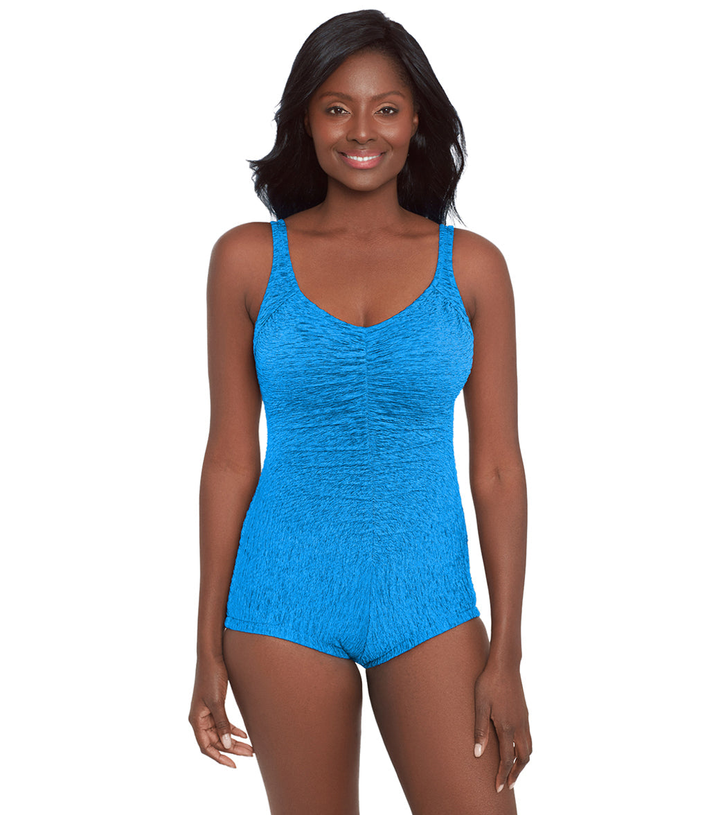 Krinkle by Penbrooke Women's Krinkle Chlorine Resistant Shirred Front Girl Leg One Piece Swimsuit