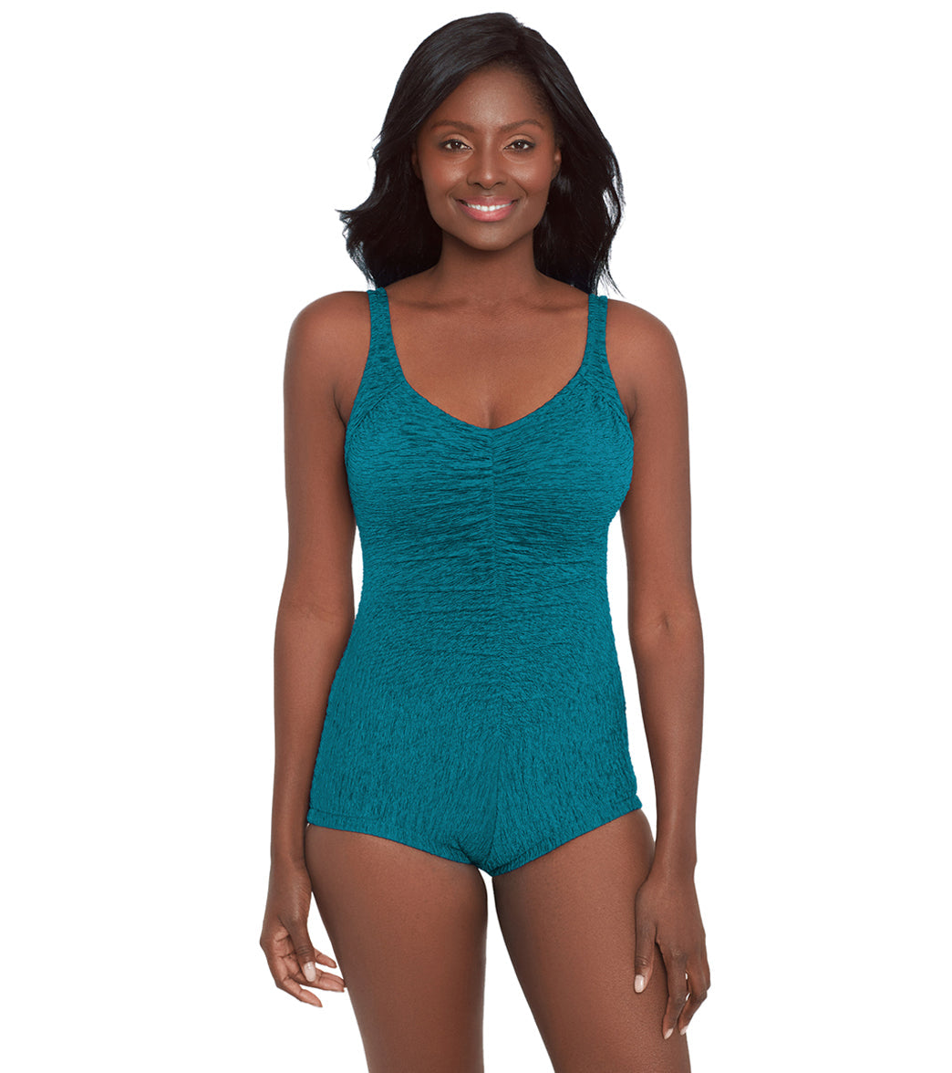 Krinkle by Penbrooke Women's Krinkle Chlorine Resistant Shirred Front Girl Leg One Piece Swimsuit