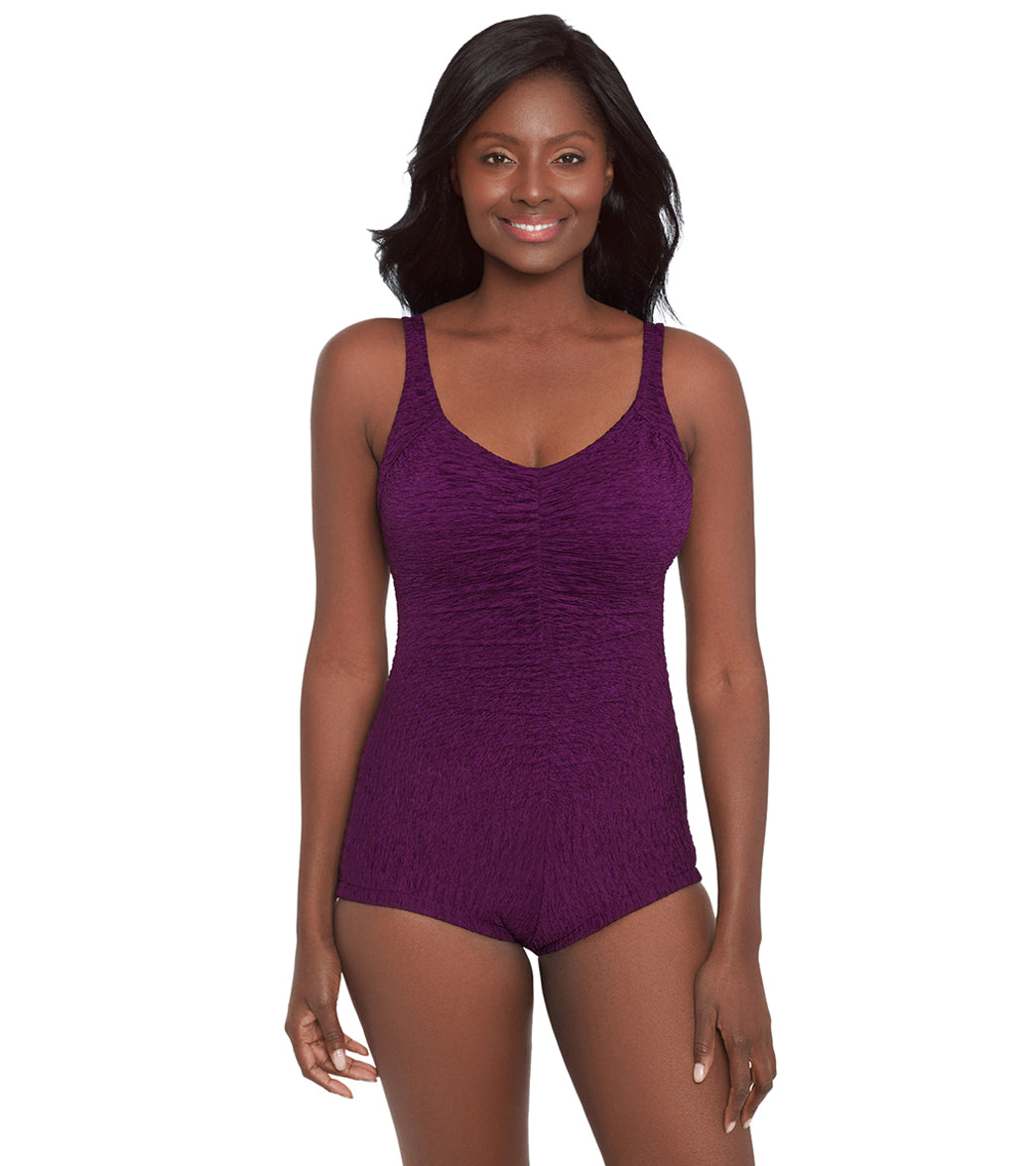 Krinkle by Penbrooke Women's Krinkle Chlorine Resistant Shirred Front Girl Leg One Piece Swimsuit