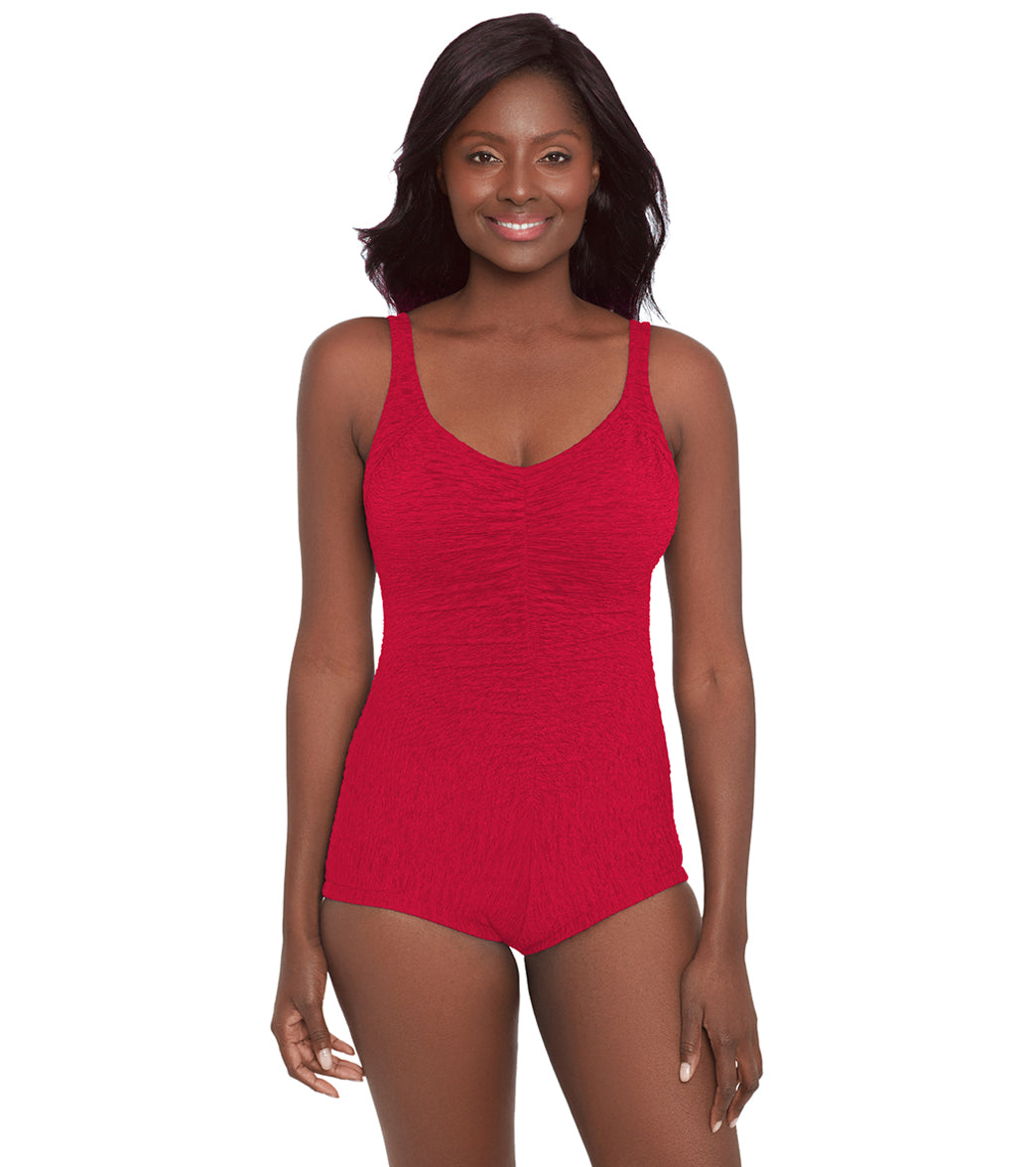 Krinkle by Penbrooke Women's Krinkle Chlorine Resistant Shirred Front Girl Leg One Piece Swimsuit