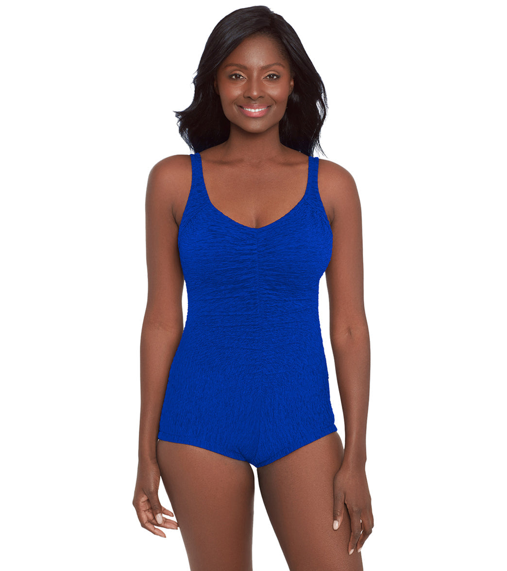 Krinkle by Penbrooke Women's Krinkle Chlorine Resistant Shirred Front Girl Leg One Piece Swimsuit
