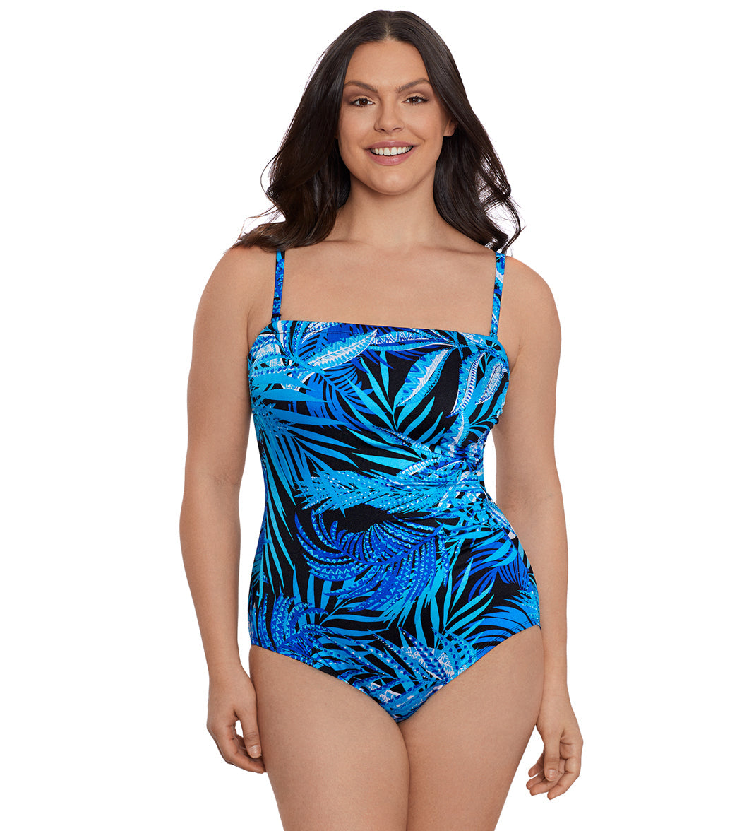 Longitude Women's Jungle Boogie Side Shirred Bandeau Long Torso One Piece Swimsuit