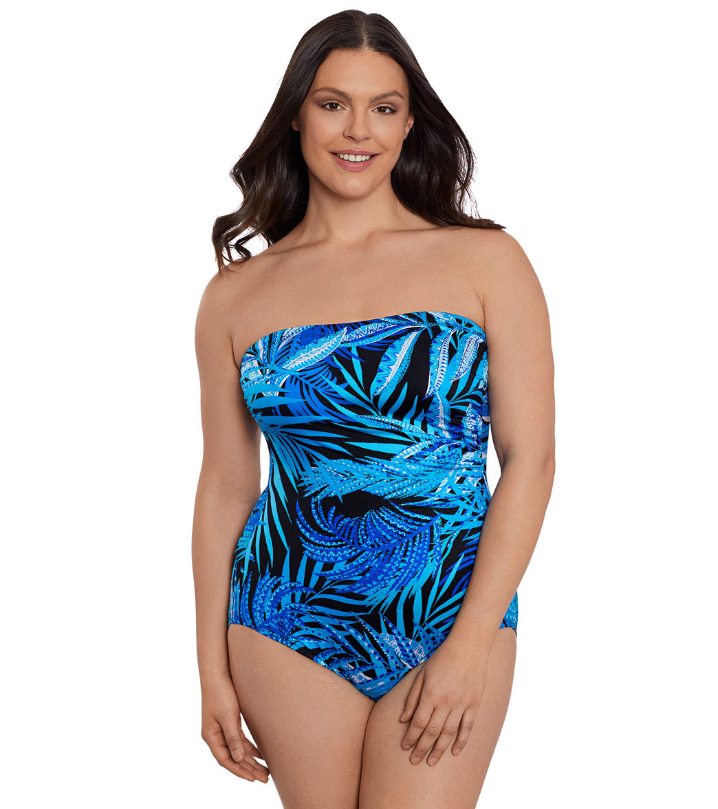 Longitude Women's Jungle Boogie Side Shirred Bandeau Long Torso One Piece Swimsuit