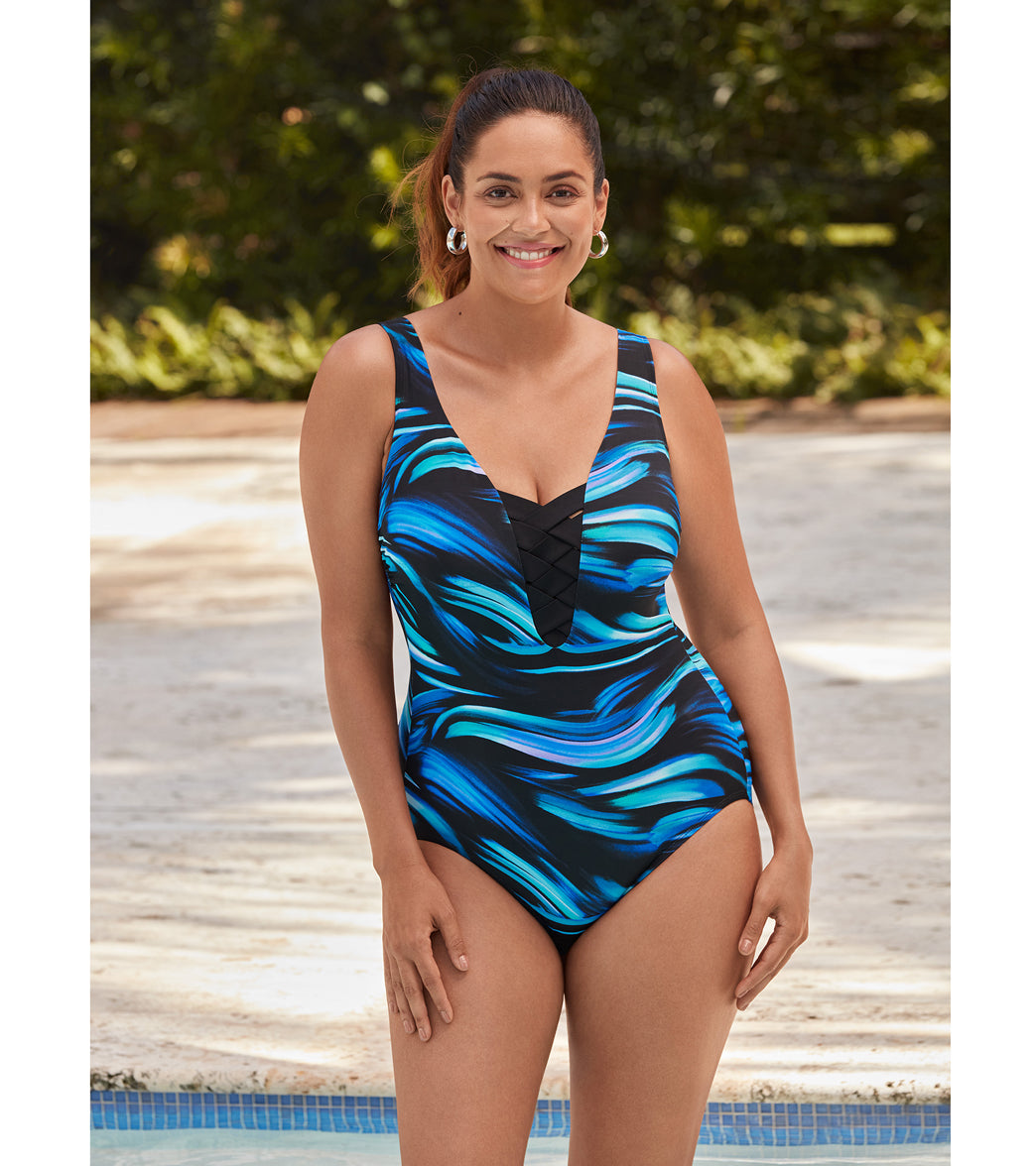 Longitude Women's Landslide Lattice Front Tank One Piece Swimsuit