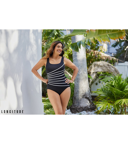 Longitude Women's Block It Up 8 Overlay Fan Tank Long Torso One Piece Swimsuit