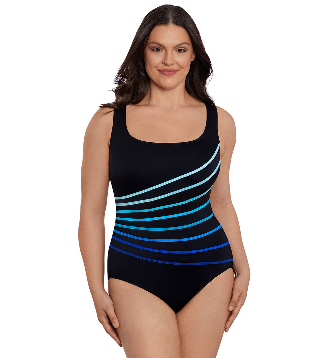 Longitude Women's Block It Up 8 Overlay Fan Tank Long Torso One Piece Swimsuit