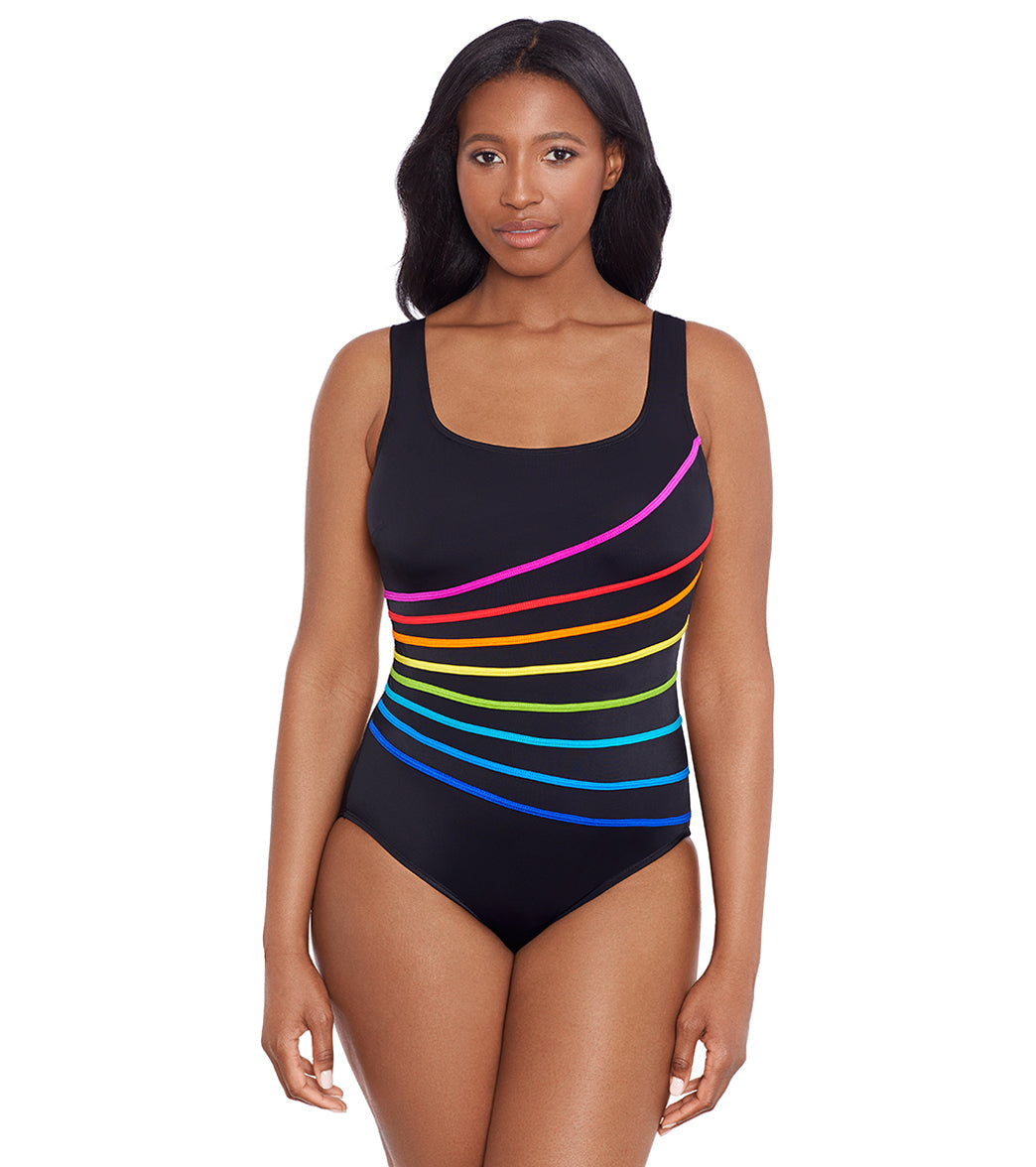 Longitude Women's Block It Up 8 Overlay Fan Tank Long Torso One Piece Swimsuit