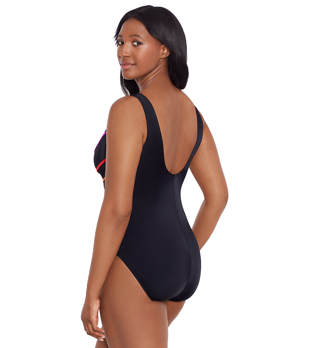 Longitude Women's Block It Up 8 Overlay Fan Tank Long Torso One Piece Swimsuit