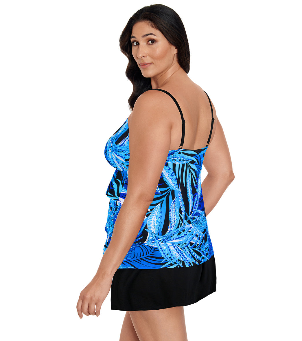 Longitude Women's Jungle Boogie Ruffle Faux Skirtini Long One Piece Swimsuit