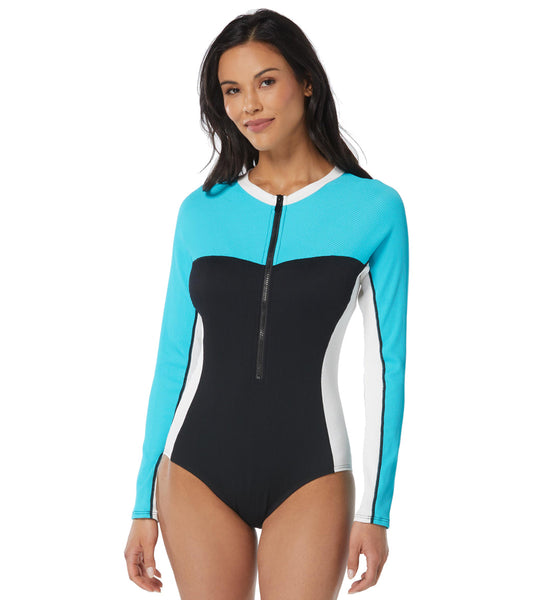 Beach House Women's Color Block Ribbed Sculpt Long Sleeve Zip Front One Piece Swimsuit