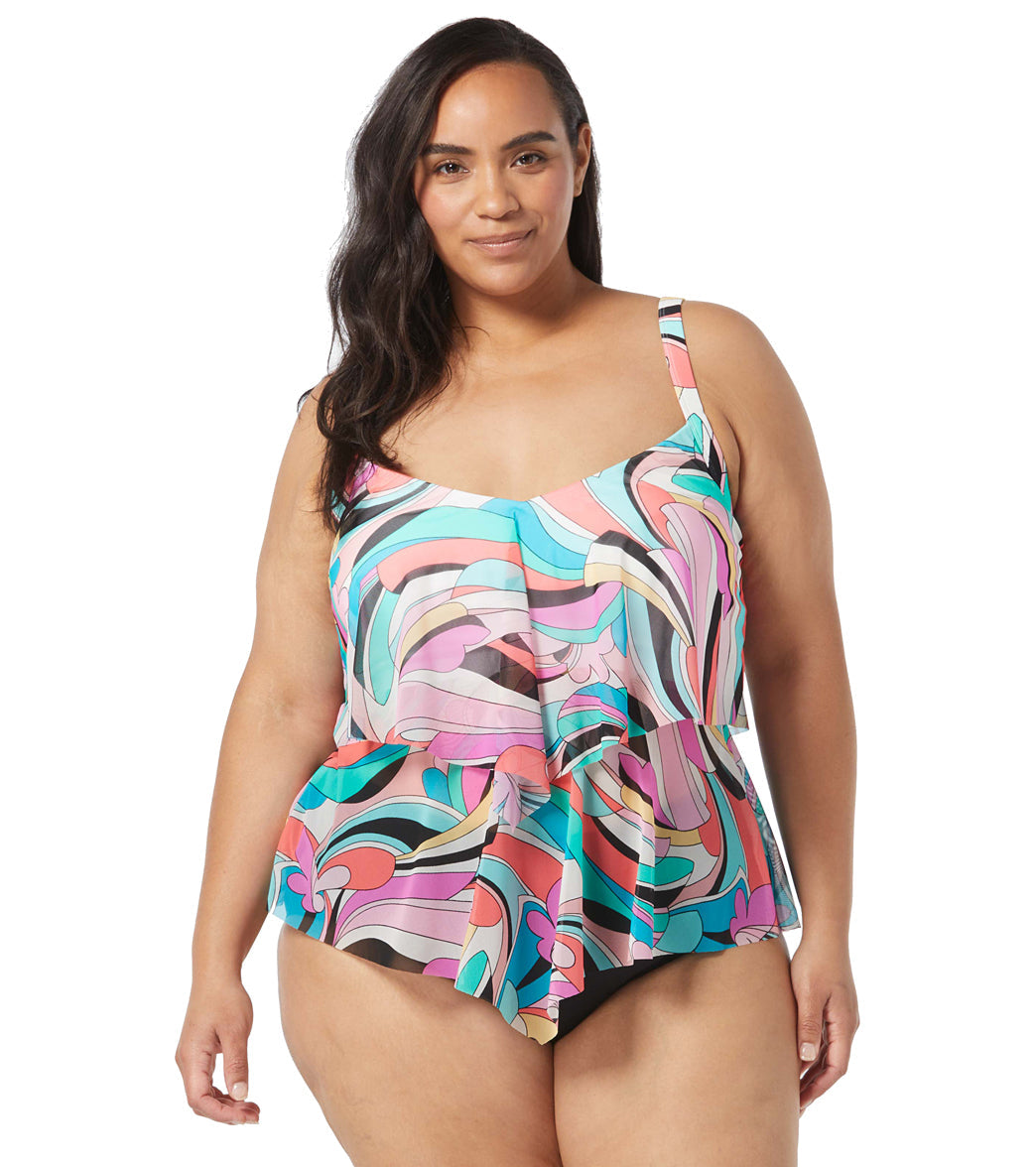 Beach House Women's Plus Size Saltwater Swirl Portia Mesh Layer Tankini Top