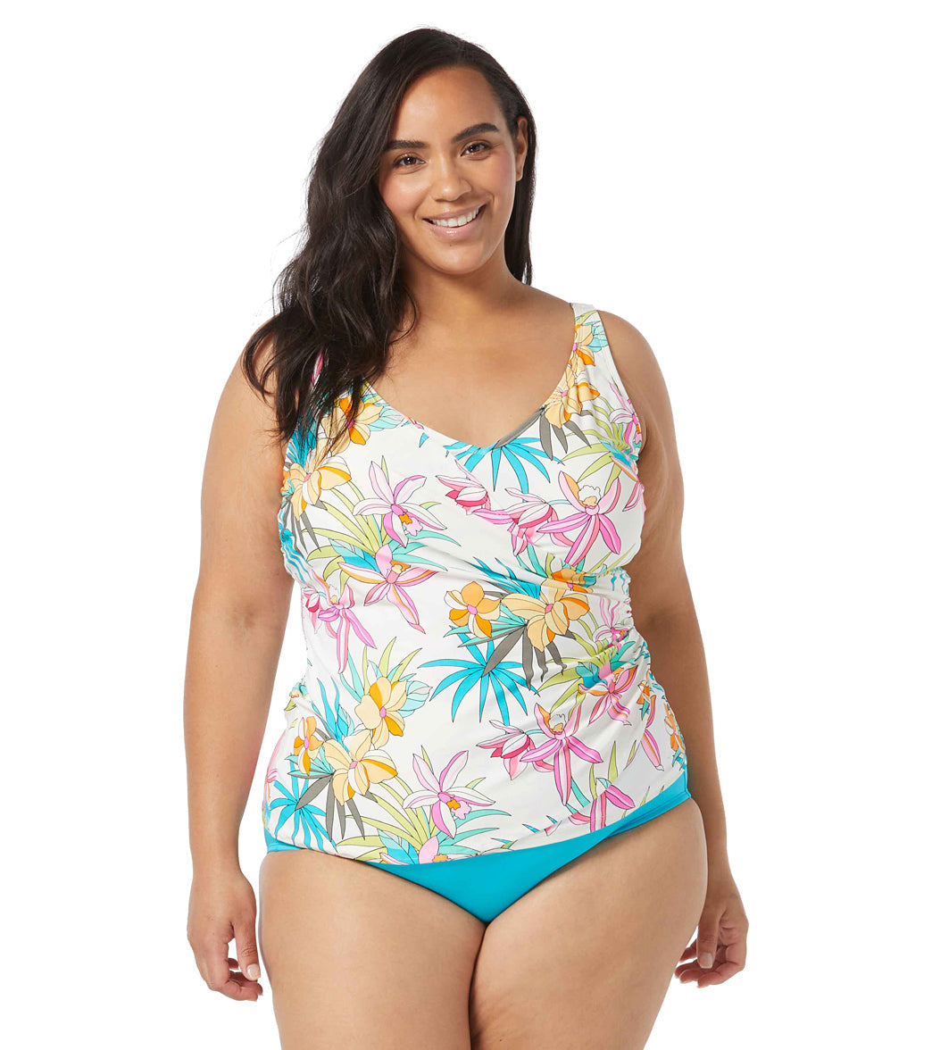 Beach House Women's Plus Size Tropic Bloom Floral Jane Ruffle Tankini Top