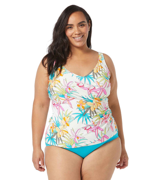 Beach House Women's Plus Size Tropic Bloom Floral Jane Ruffle Tankini Top