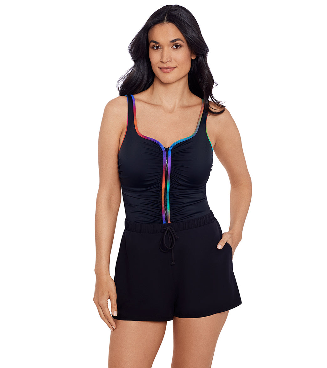 Shape Solver SPORT Women's Colorful Behavior Shirred Zipper Swim Romper