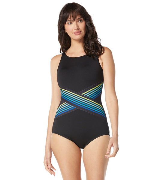 Gabar Women's Retro Stripe Color Block One Piece Swimsuit (C/D Cup)