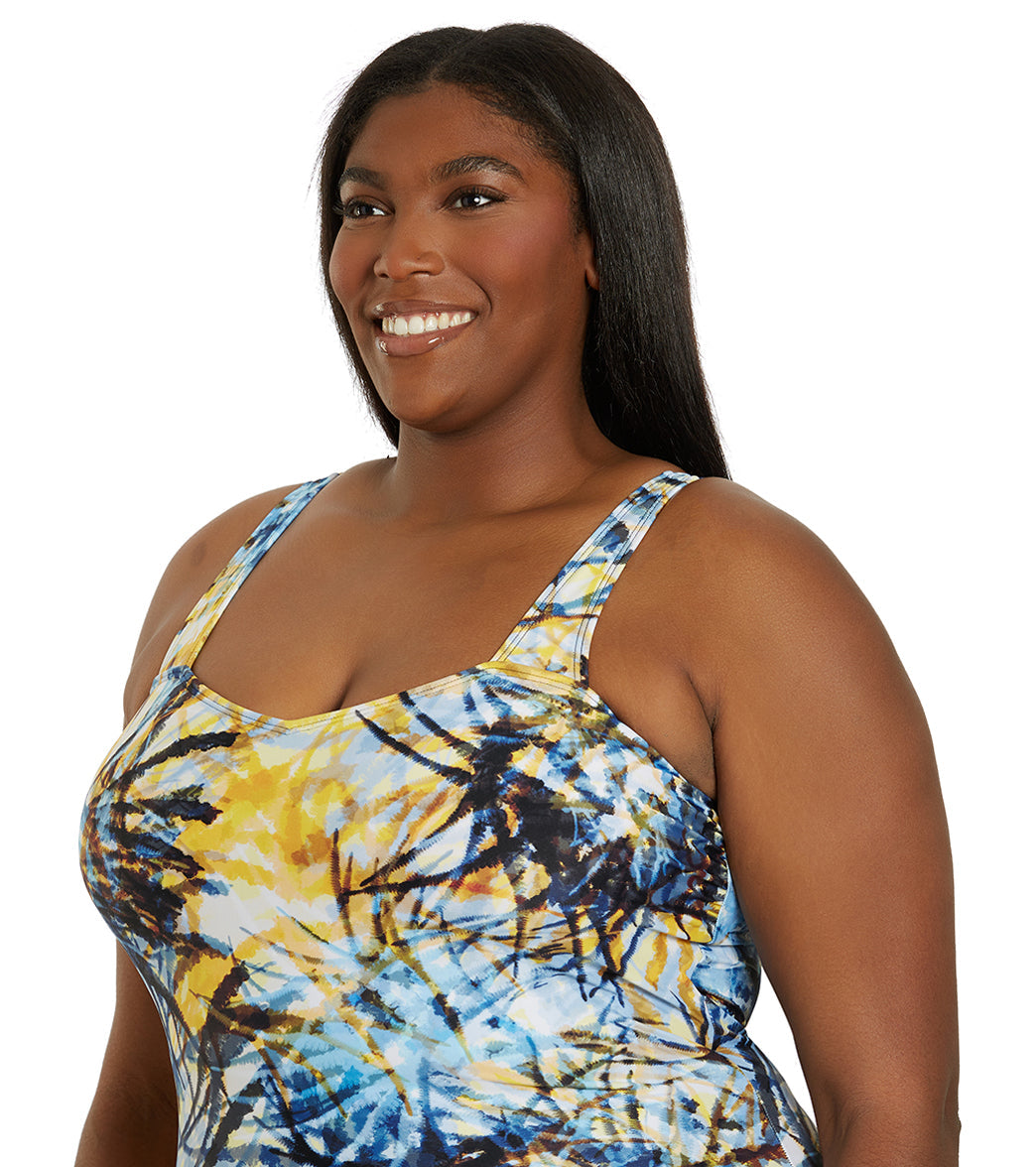Sporti Plus Size Breezy Palms Moderate Printed Sweetheart One Piece Swimsuit