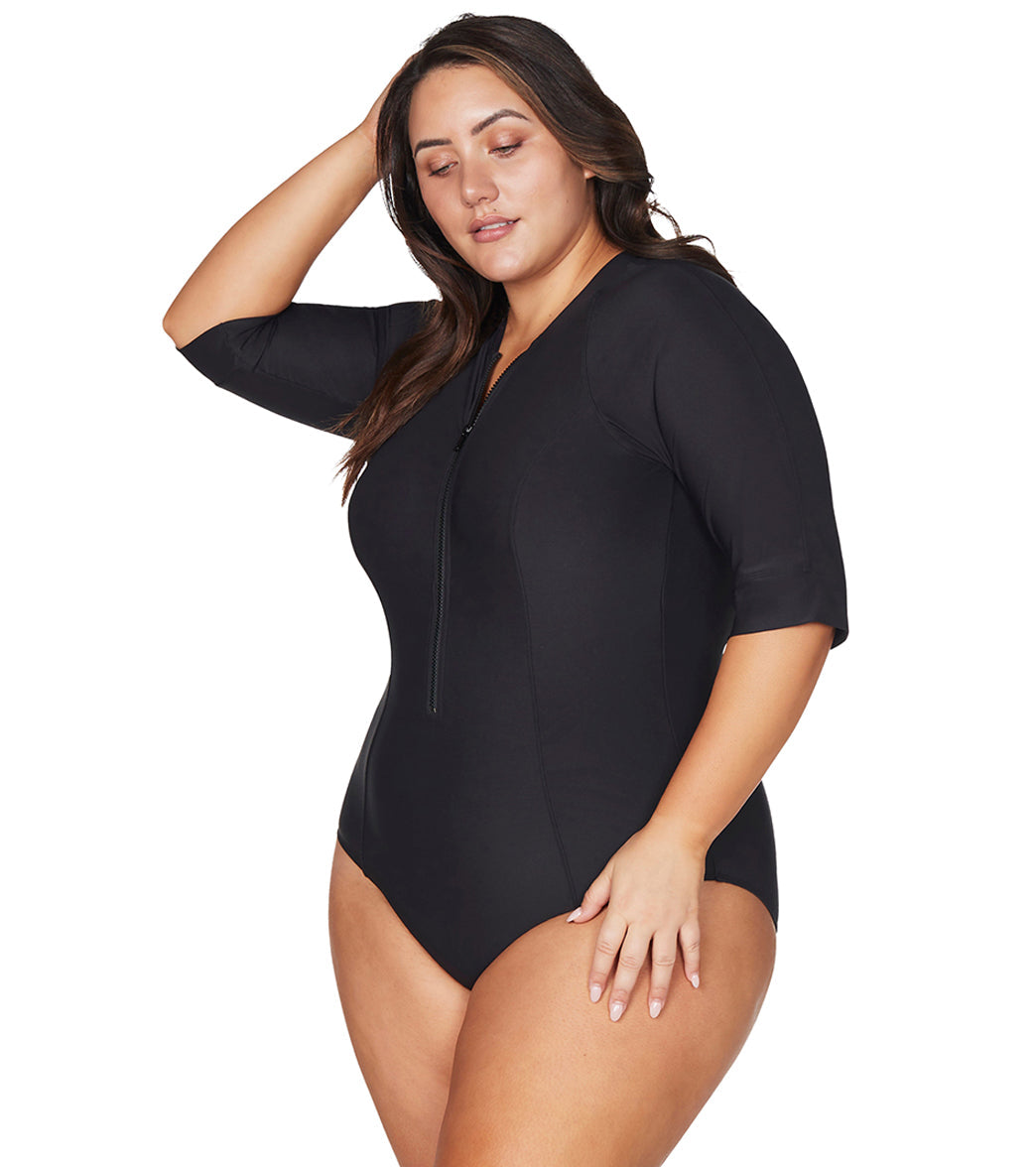 Artesands Woman's Plus Size Hues Sunsafe Mid Length Sleeve One Piece Swimsuit