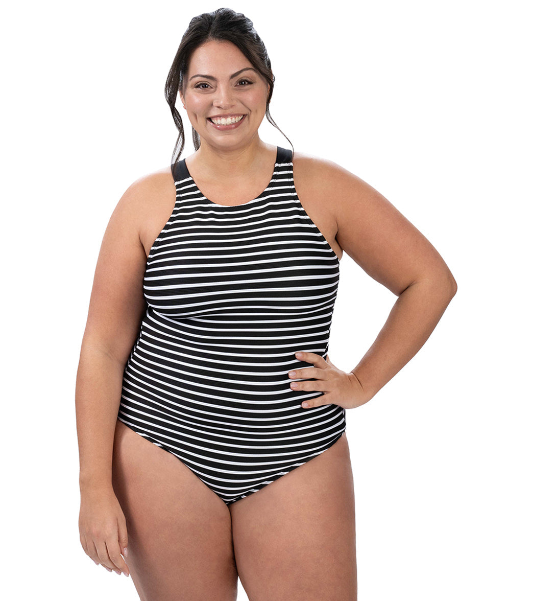Dolfin Women's Aquashape Striped Scoop Neck Moderate Rib Knit One Piece Swimsuit