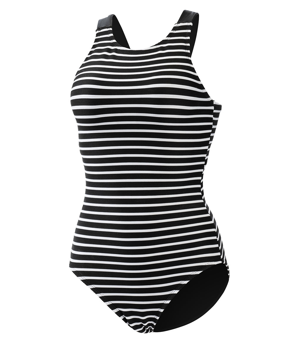 Dolfin Women's Aquashape Striped Scoop Neck Moderate Rib Knit One Piece Swimsuit