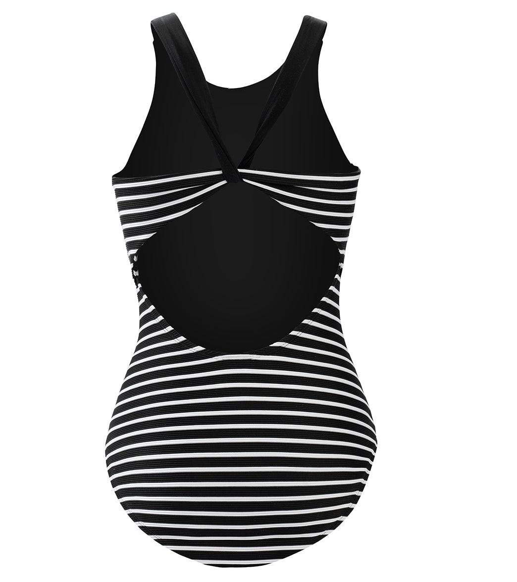 Dolfin Women's Aquashape Striped Scoop Neck Moderate Rib Knit One Piece Swimsuit