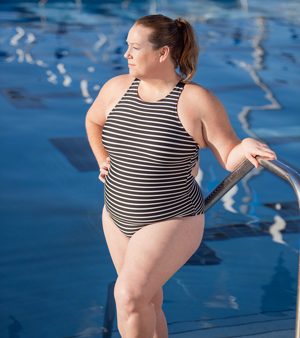 Dolfin Women's Aquashape Striped Scoop Neck Moderate Rib Knit One Piece Swimsuit