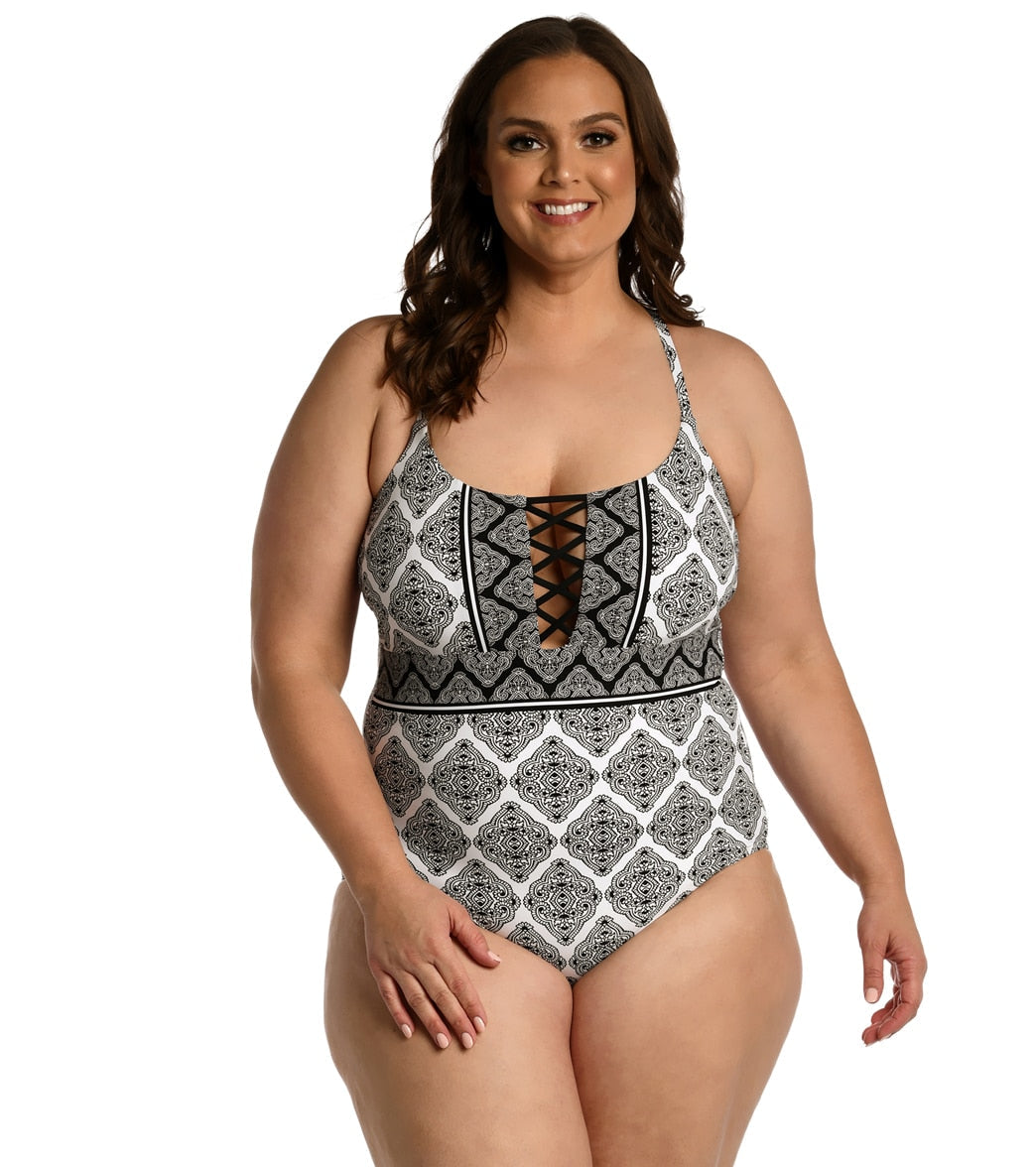 La Blanca Women's Plus Oasis Tile Strappy One Piece Swimsuit