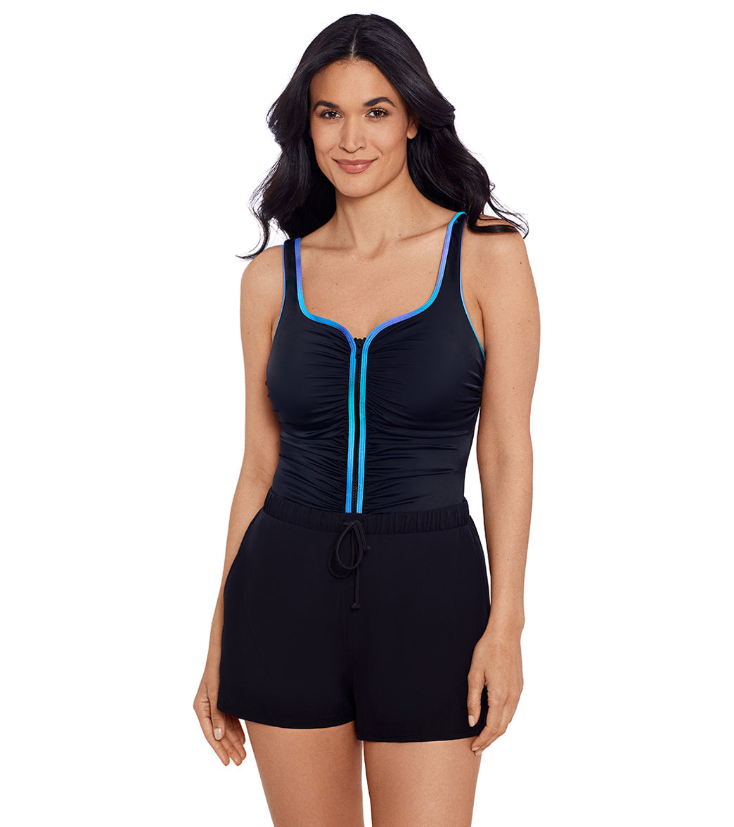 Shape Solver SPORT Women's Colorful Behavior Shirred Zipper Swim Romper