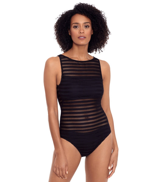 Lauren Ralph Lauren Women's Ottoman Mesh Boatneck One Piece Swimsuit
