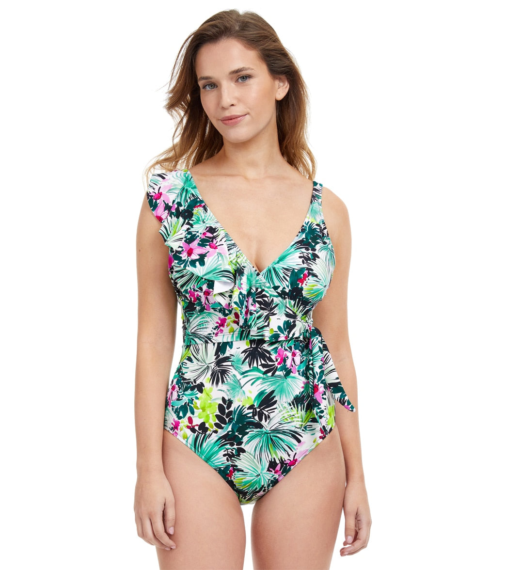 Profile by Gottex Women's Beautiful Day V Neck One Shoulder Ruffle One Piece Swimsuit