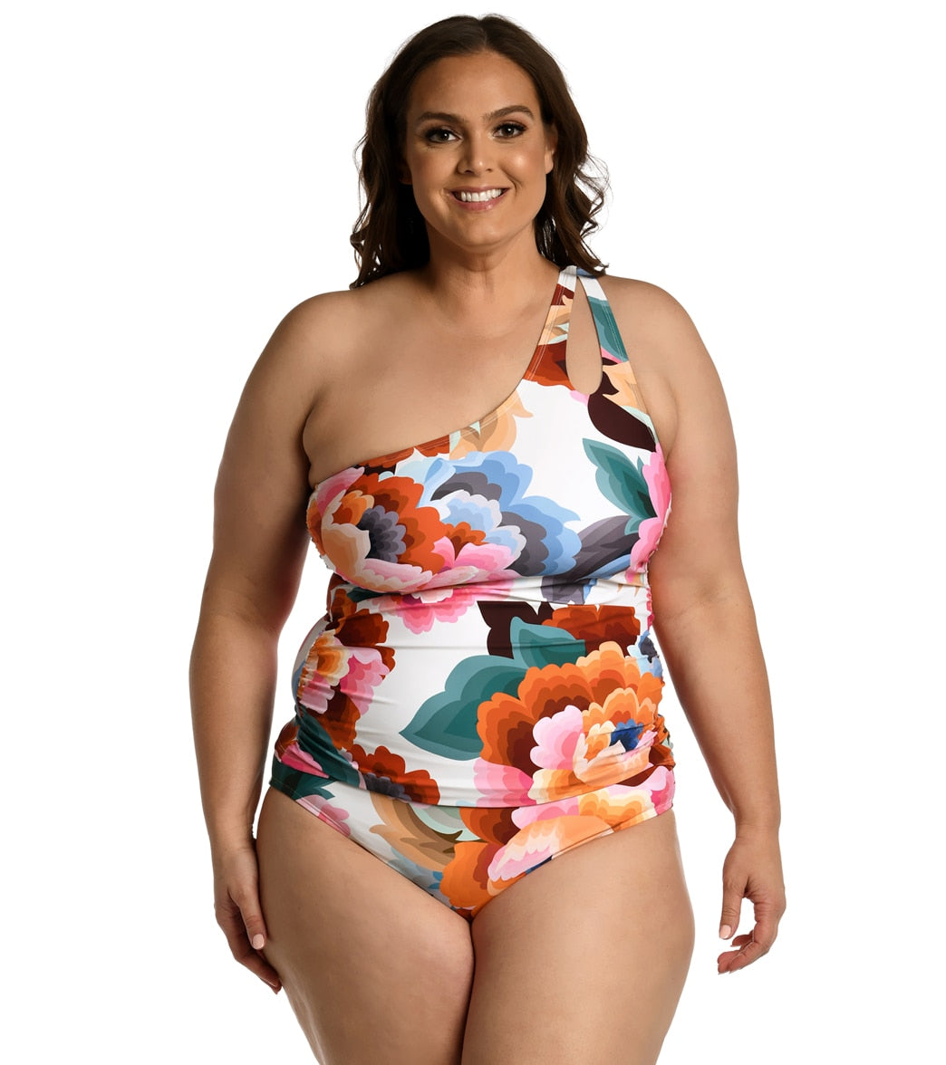 La Blanca Women's Plus Floral Rhythm One Shoulder Keyhole Tankini Top