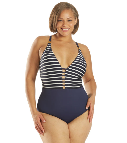 La Blanca Women's Plus Size Capri Stripe Plunge One Piece Swimsuit