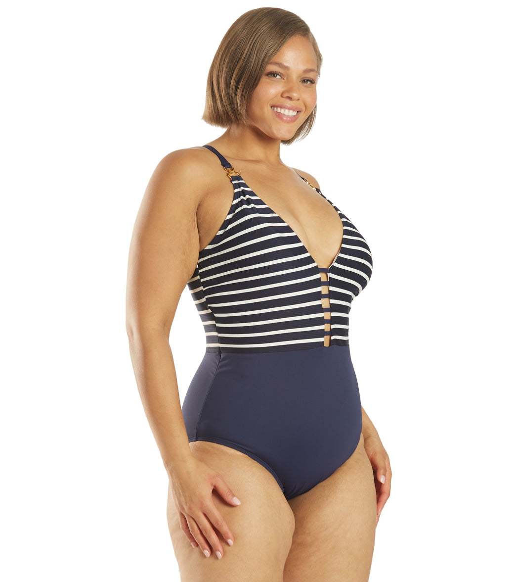 La Blanca Women's Plus Size Capri Stripe Plunge One Piece Swimsuit