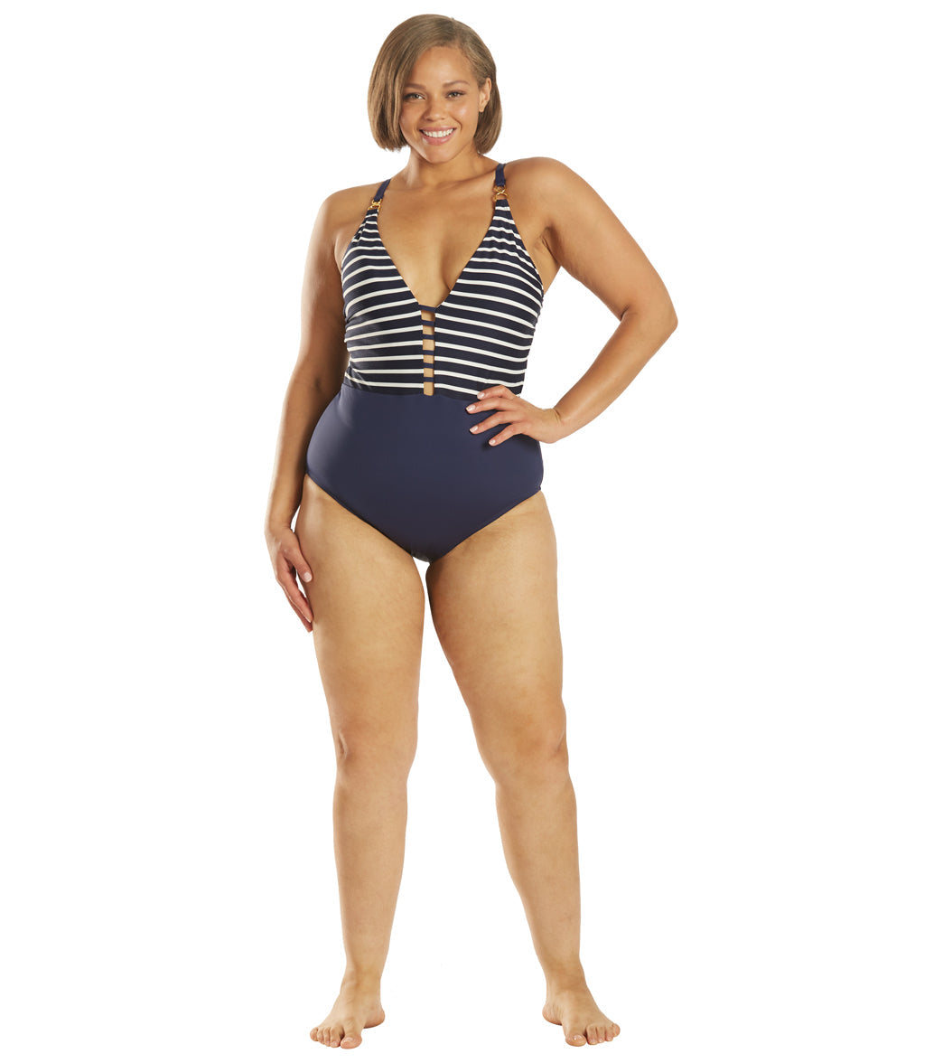 La Blanca Women's Plus Size Capri Stripe Plunge One Piece Swimsuit