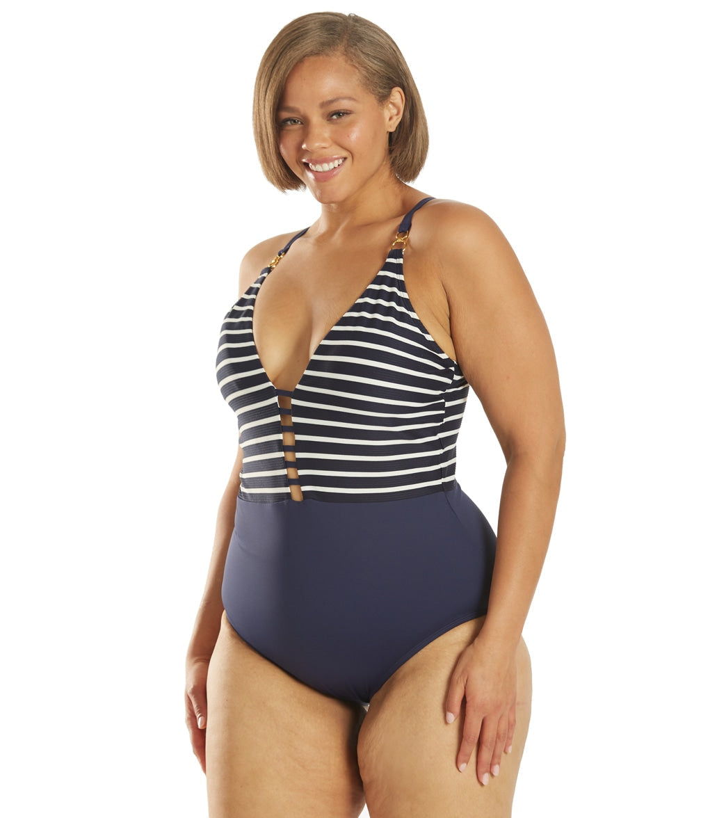 La Blanca Women's Plus Size Capri Stripe Plunge One Piece Swimsuit