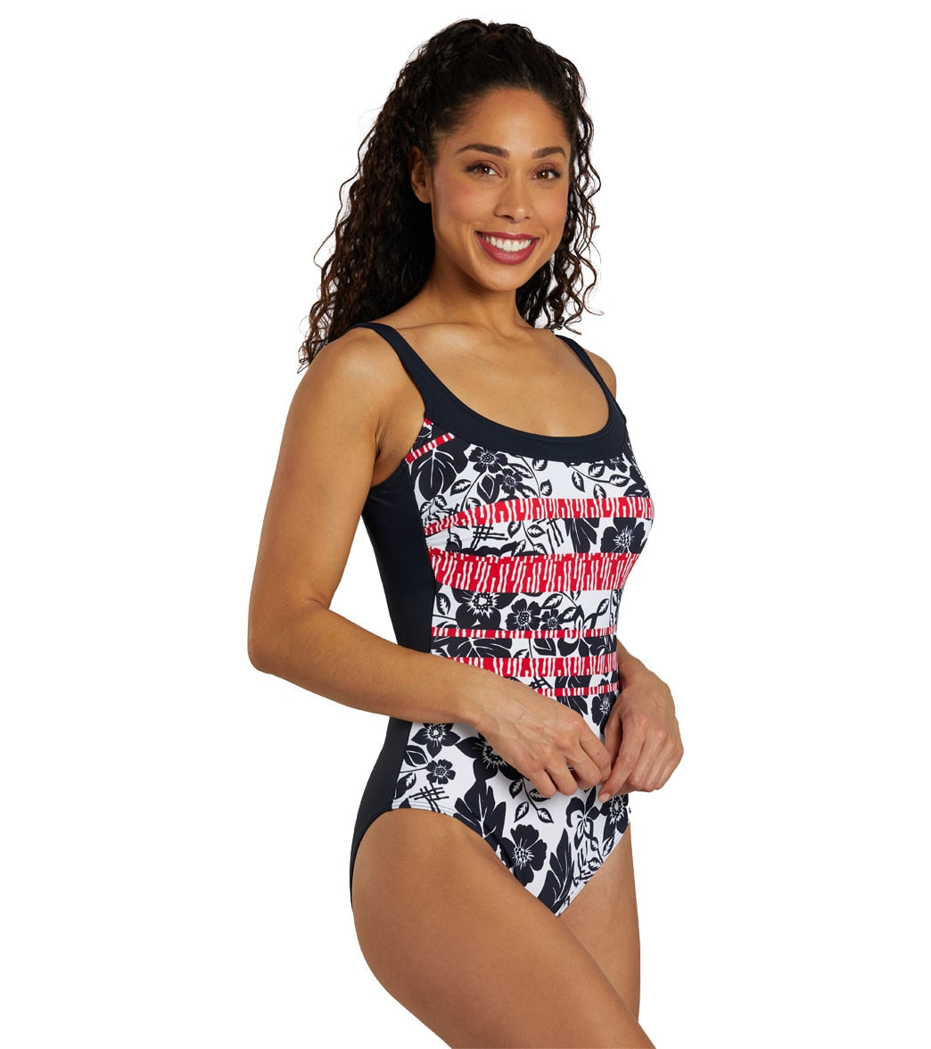 Sunmarin Women's Scoop Neck Floral Mastectomy One Piece Swimsuit